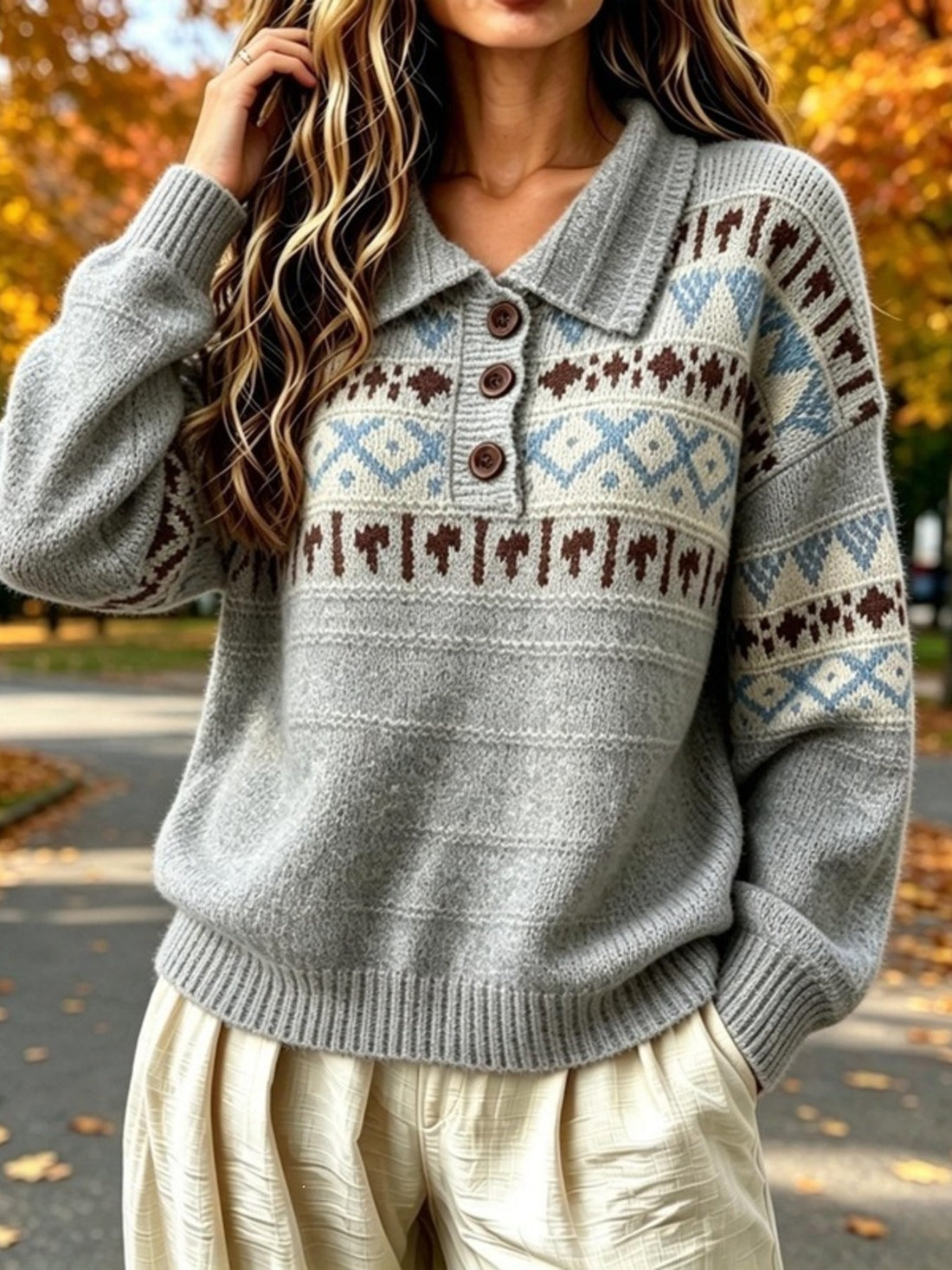 pullover sweater in Beige with Fair Isle and ribbed