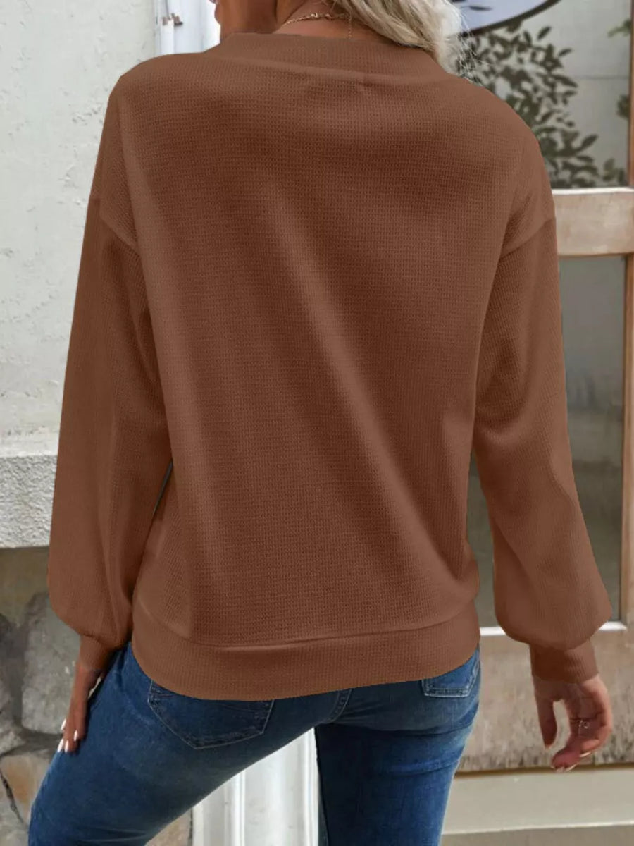 Casual V-neck Waffle Long Sleeve Top in White, view 14