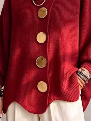 Gold Button Lantern Sleeve Cardigan Plus Size in Pink with buttoned