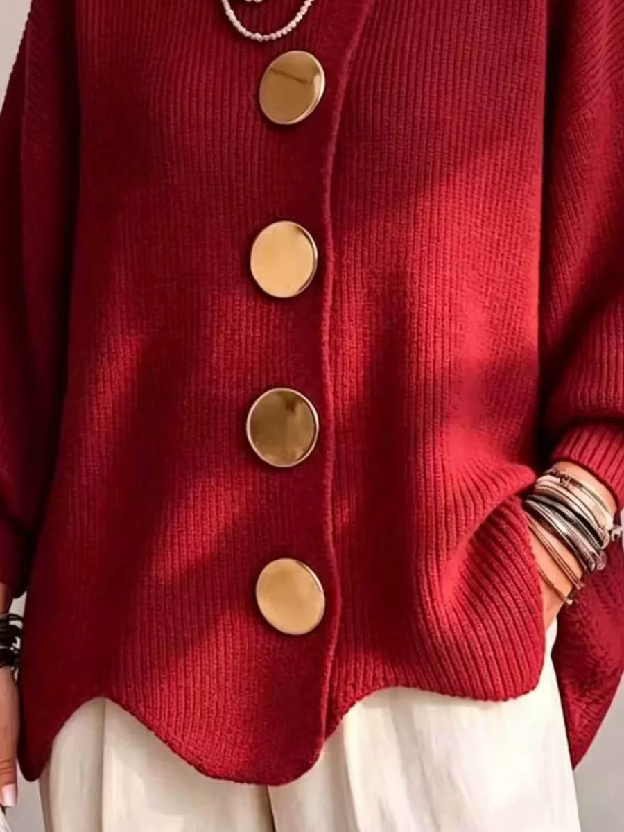 Gold Button Lantern Sleeve Cardigan Plus Size in Pink with buttoned