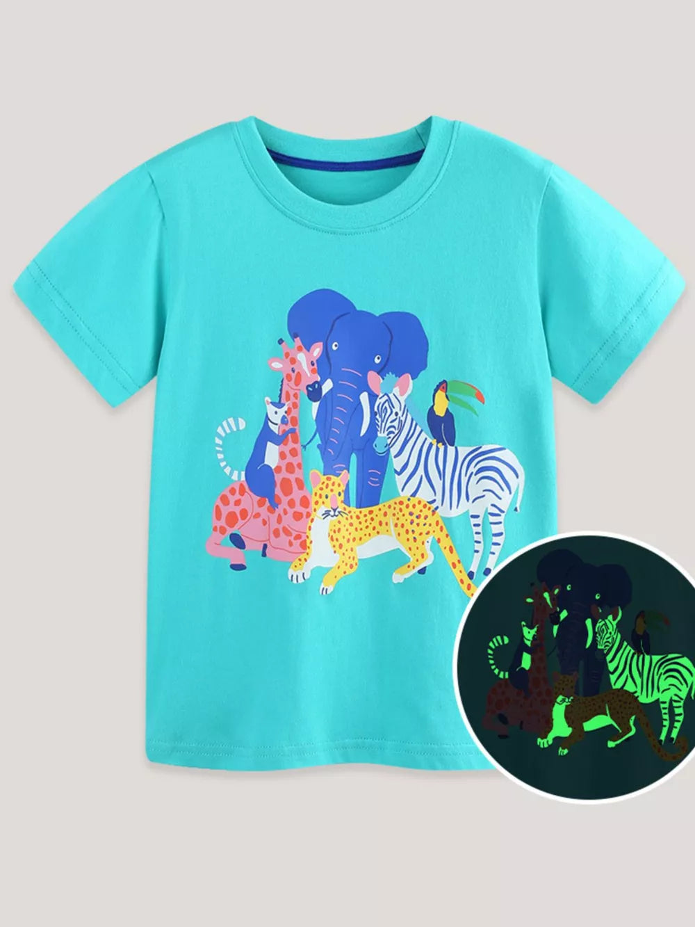 Aqua cotton crew neck t-shirt with a playful safari animal graphic that glows in the dark.