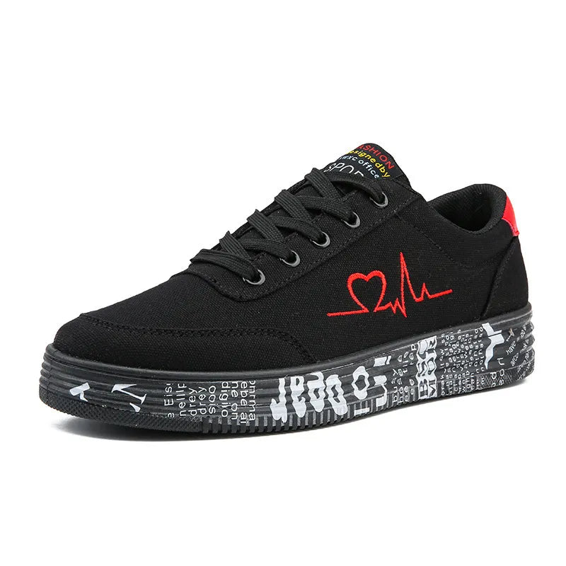Black canvas sneakers with red heartbeat graphic and graffiti-style sole.