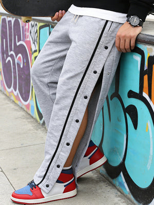 Gray pants with full-length and snap, drawstring