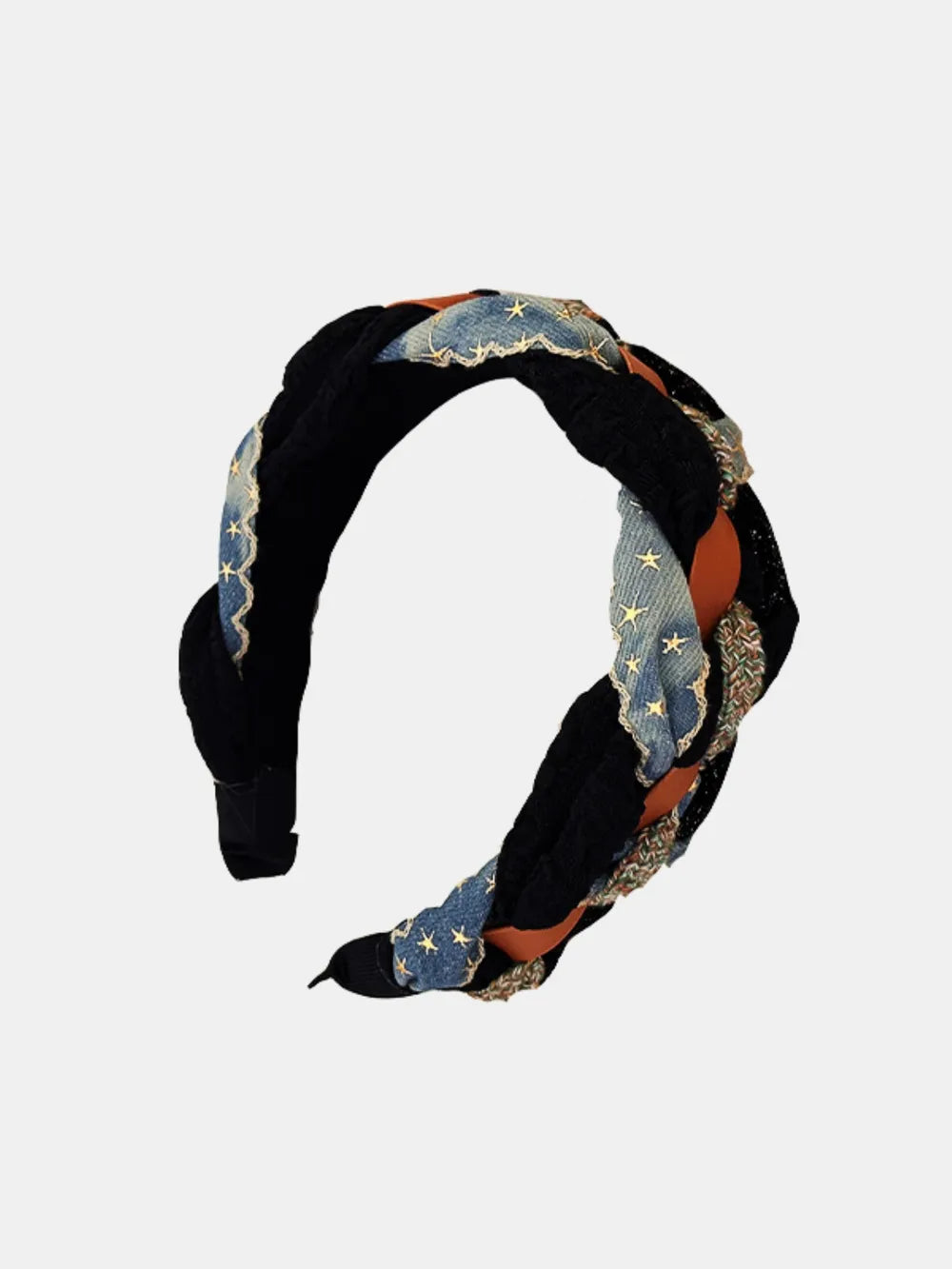 Black braided headband with denim starburst and brown leatherette details