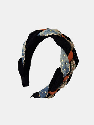 Black braided headband with denim starburst and brown leatherette details