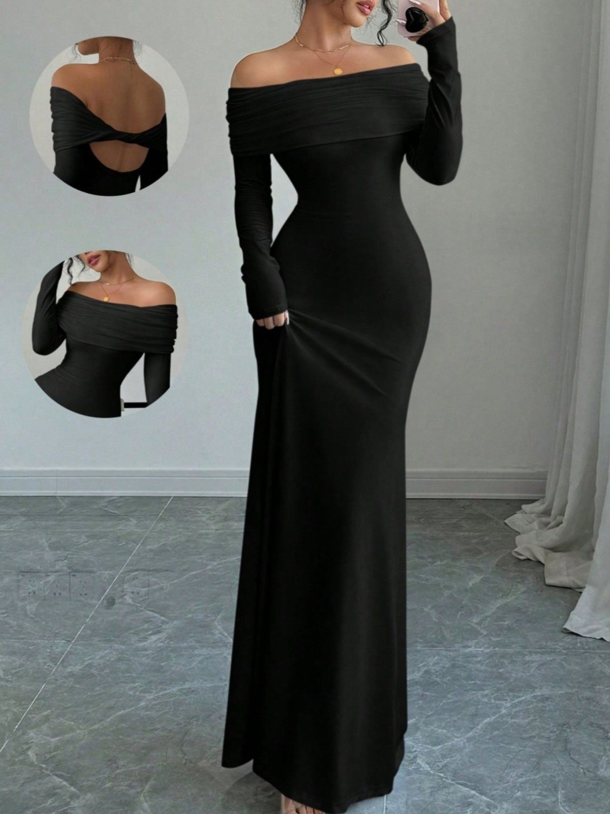 Black off-shoulder maxi dress with long sleeves and draped neckline, showing back cutout detail.