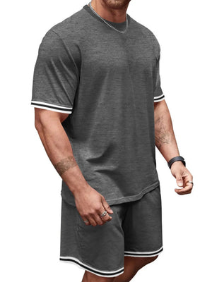 Men's grey t-shirt and shorts set with white stripe trim on sleeves and shorts hem