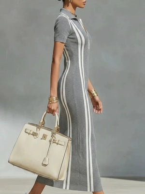white midi dress featuring seam detail and striped