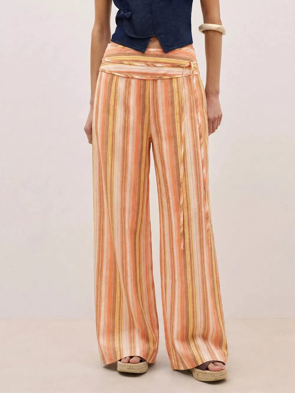 Blue Striped Wide-leg Pants With Tie Waist