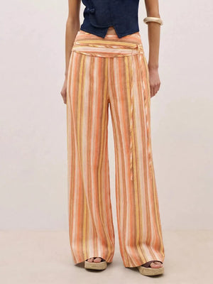 Blue Striped Wide-leg Pants With Tie Waist