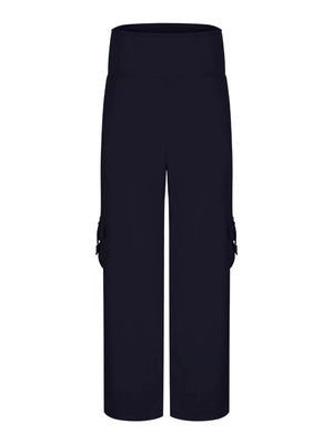 Navy blue pocketed high-waisted yoga pants with a flared silhouette.