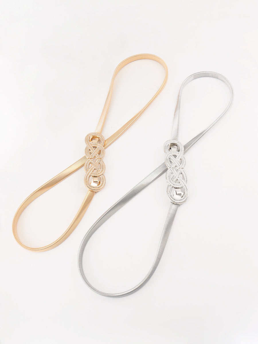 Gold and silver elastic waist belts with intertwined knot detail