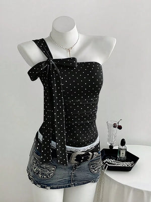 Polka Dot One-shoulder Cami in Navy