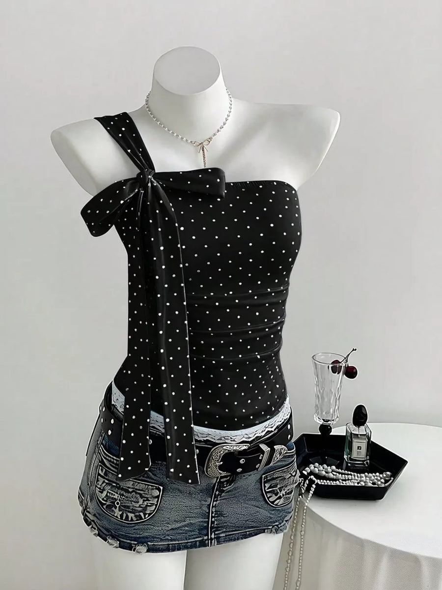 Polka Dot One-shoulder Cami in Navy