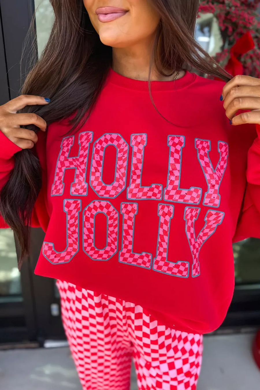 pink pajama set featuring slogan graphic and graphic, checkered
