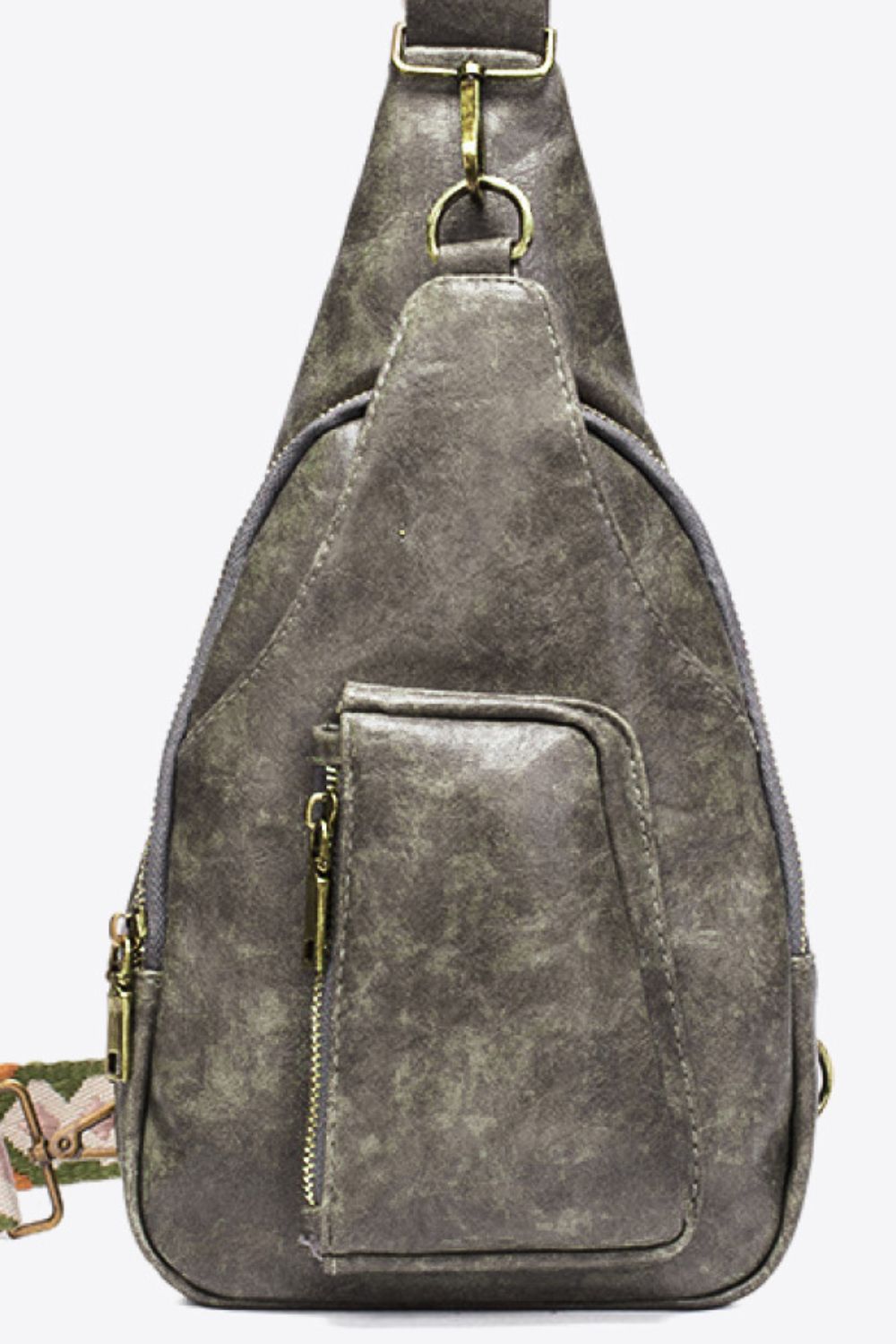 Gray textured sling bag with woven strap detail and zippered pockets.