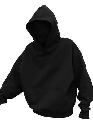 Black oversized slouch hoodie with kangaroo pocket and drawstring hood.