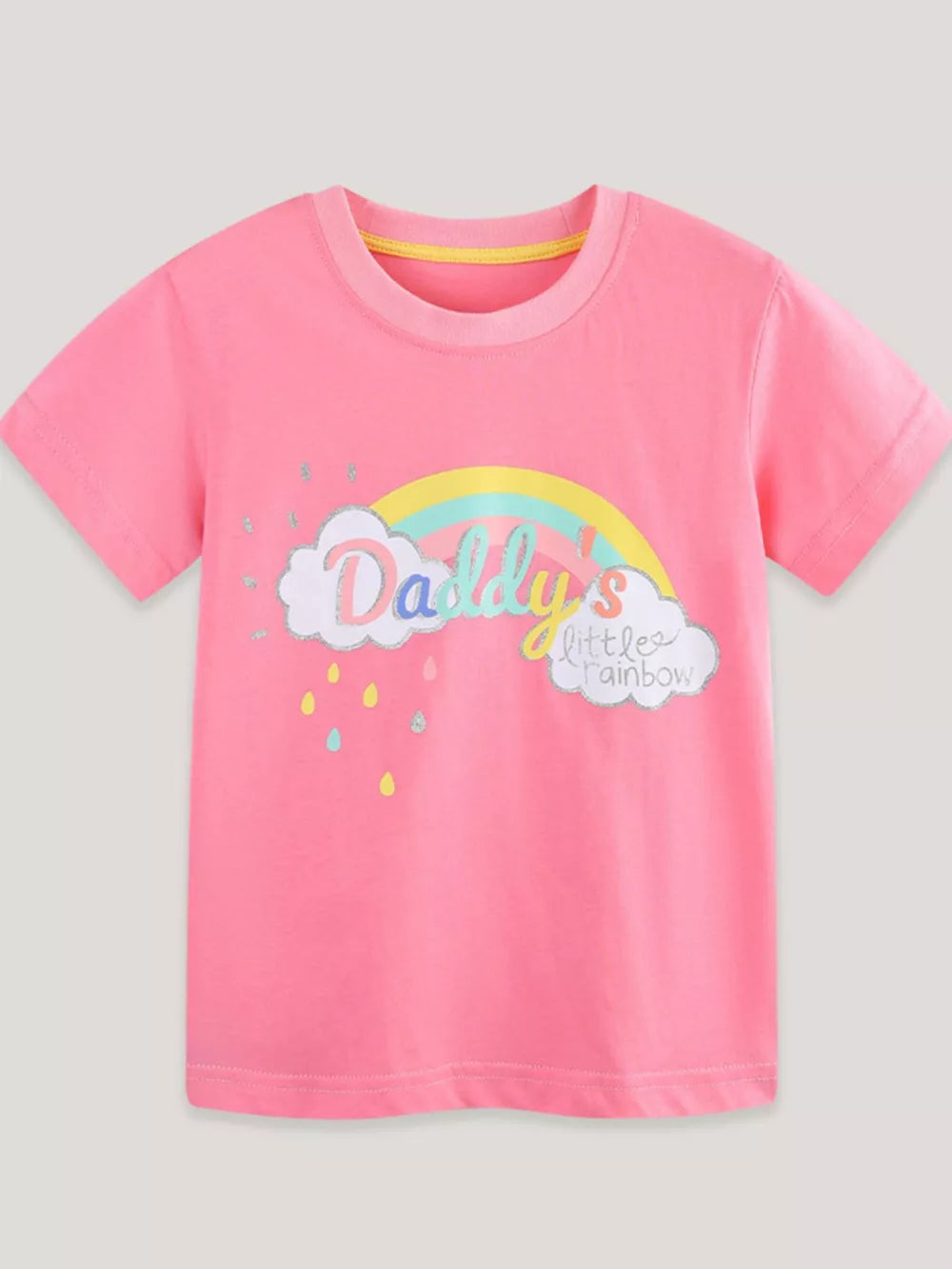 Pink t-shirt with rainbow, clouds, and "Daddy's Little Rainbow" graphic.