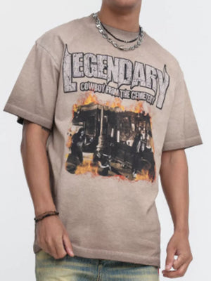 Khaki cotton blend t-shirt with bold cowboy graphic and distressed lettering.
