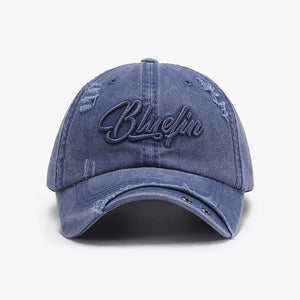 Distressed dusty blue cotton baseball cap with embroidered script detail
