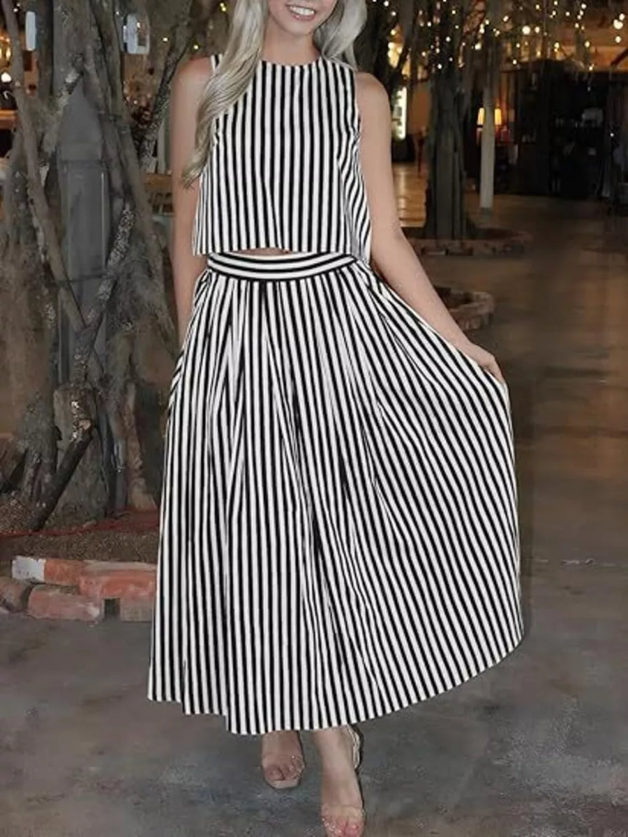two-piece set in Black with striped and sleeveless