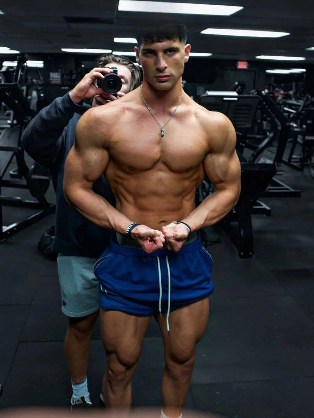 BigFit drawstring jogger shorts in blue with white drawstrings.