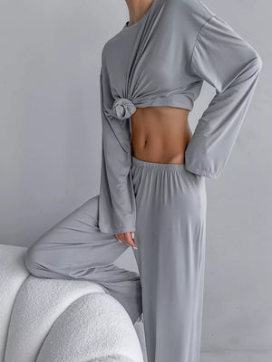 95% rayon, 5% spandex Care instructions: Machine wash cold pajama set in Gray with relaxed silhouette