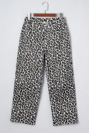 Denim leopard print cropped jeans with a wide leg fit.