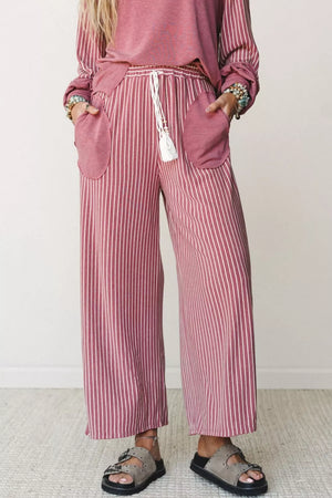 Cerise with Edge Patchwork Long Sleeve Top & Casual Pants Set in Cerise