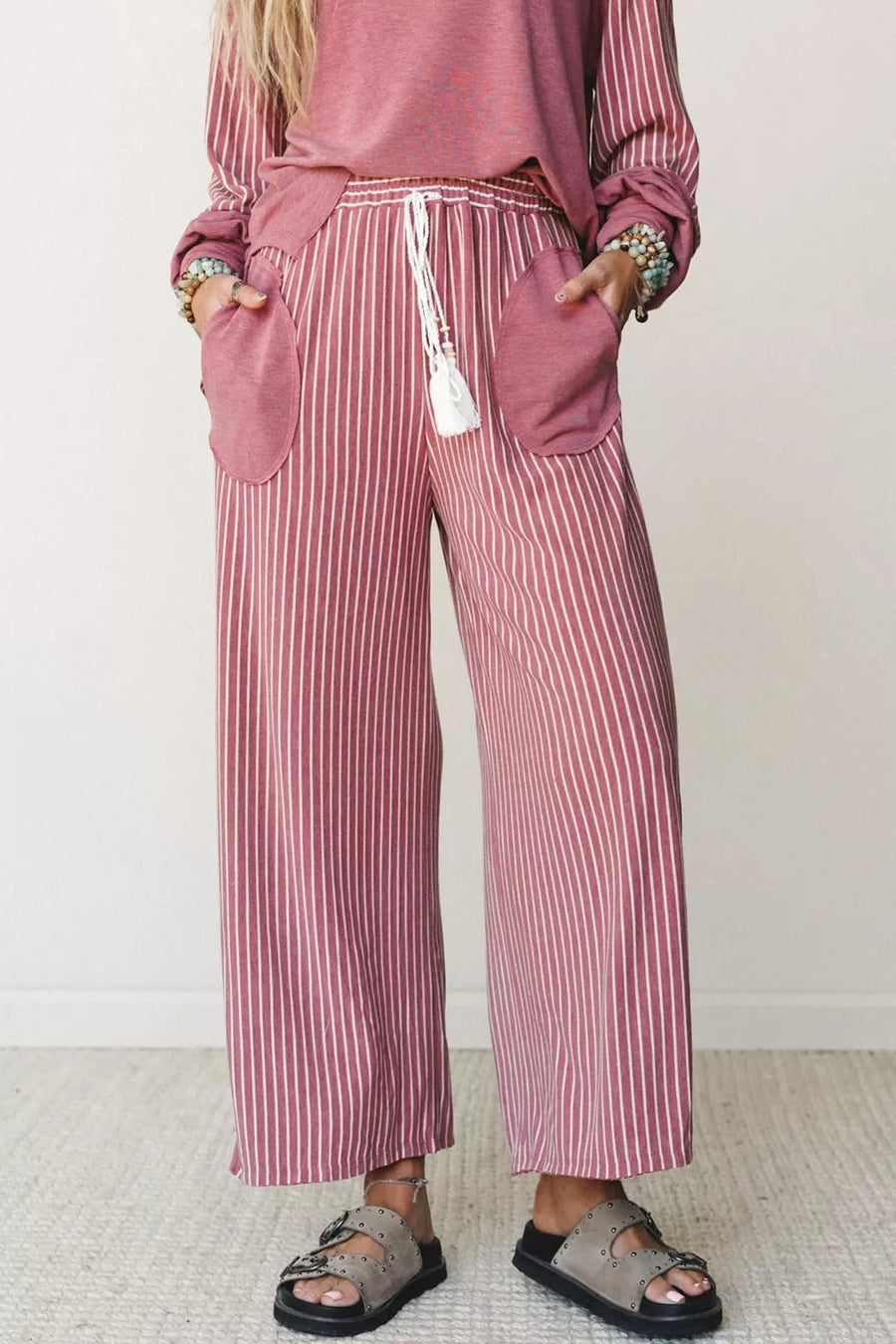 Cerise with Edge Patchwork Long Sleeve Top & Casual Pants Set in Cerise