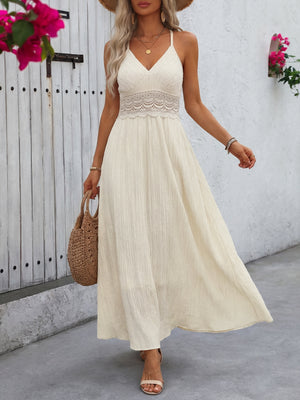 Lace trim V-neck maxi dress in apricot with crinkled texture and breezy silhouette