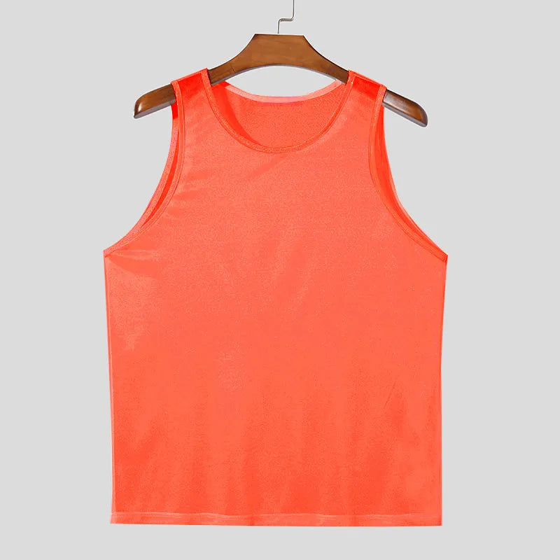 Orange mesh tank top with crew neck and sleeveless design.