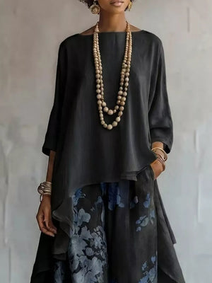 Khaki Asymmetrical Hem Top And Floral Pants Set