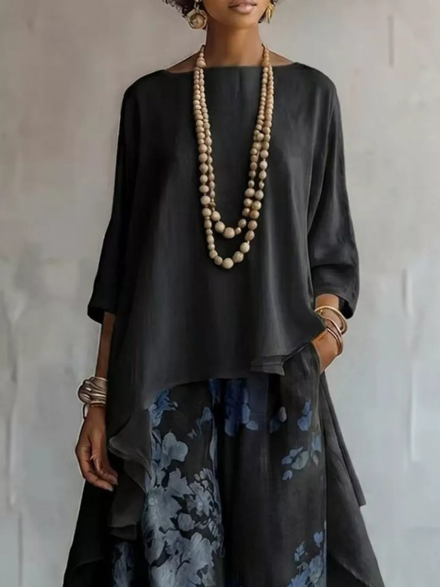 Khaki Asymmetrical Hem Top And Floral Pants Set