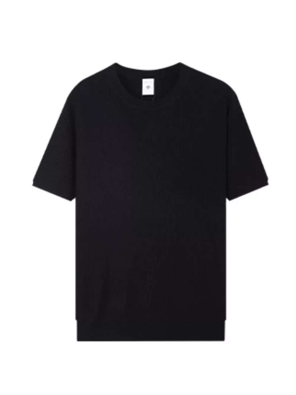 Black ribbed knit men's t-shirt with relaxed fit and crew neck.