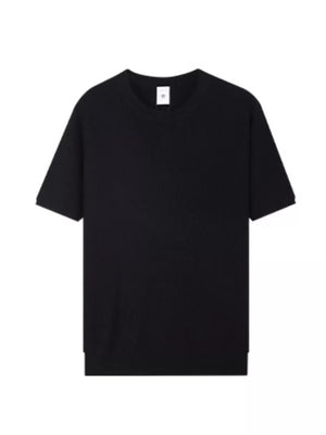 Black ribbed knit men's t-shirt with relaxed fit and crew neck.