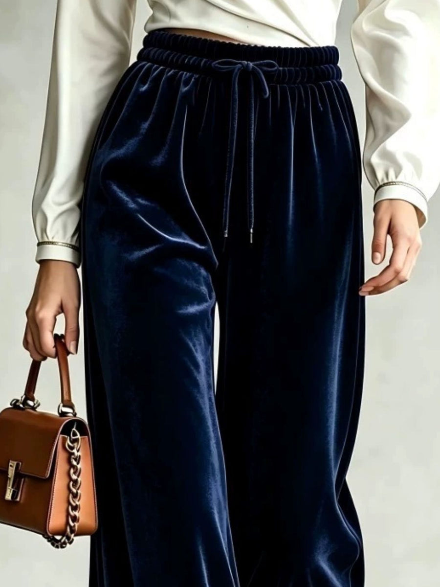 Velvet Wide-Leg Drawstring Pants in White with drawstring waist
