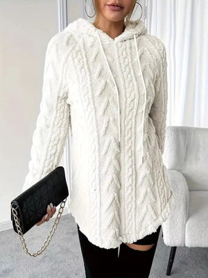 White textured drawstring fleece hoodie with cable knit pattern and a cozy, casual fit.