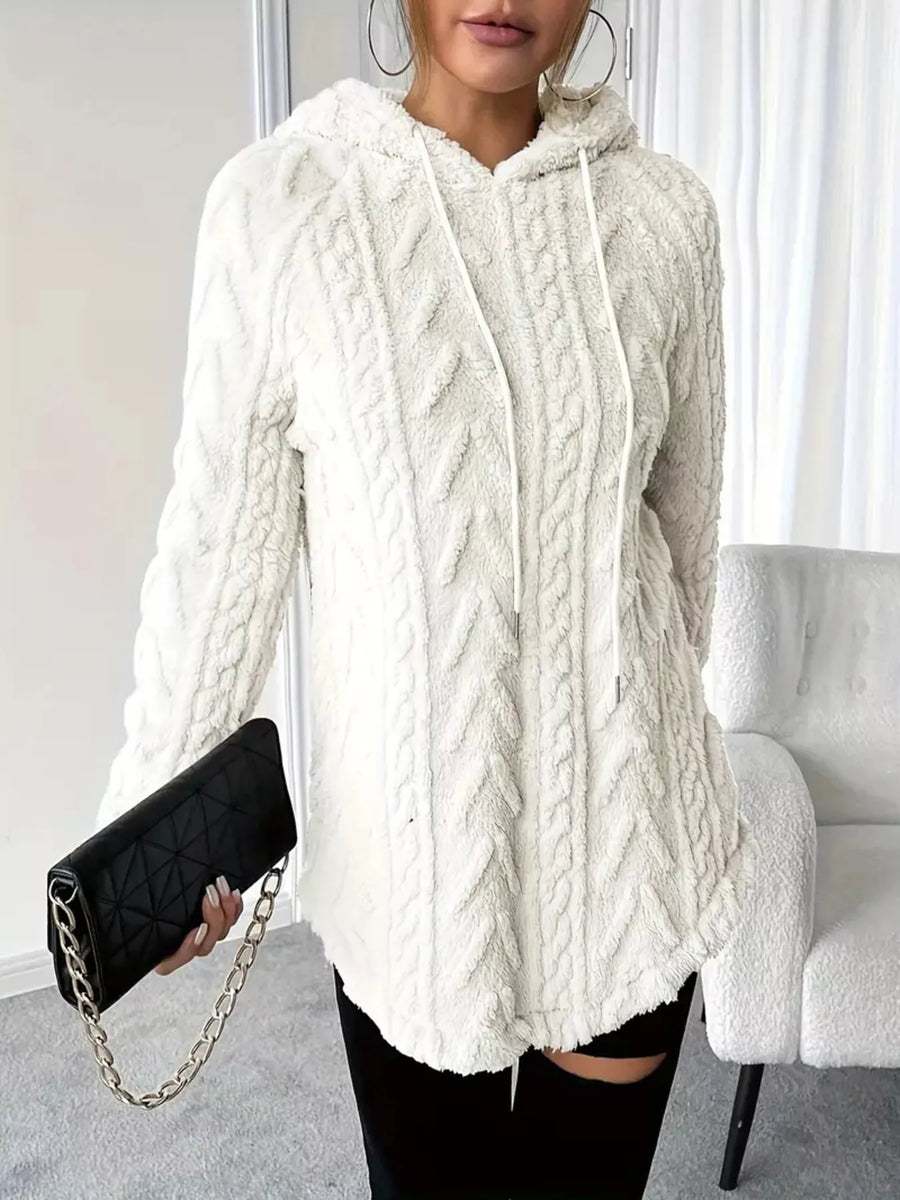 White textured drawstring fleece hoodie with cable knit pattern and a cozy, casual fit.