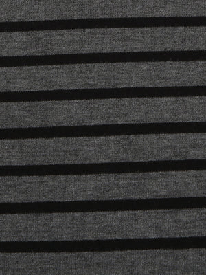 Grey and black striped t-shirt with a boat neck.