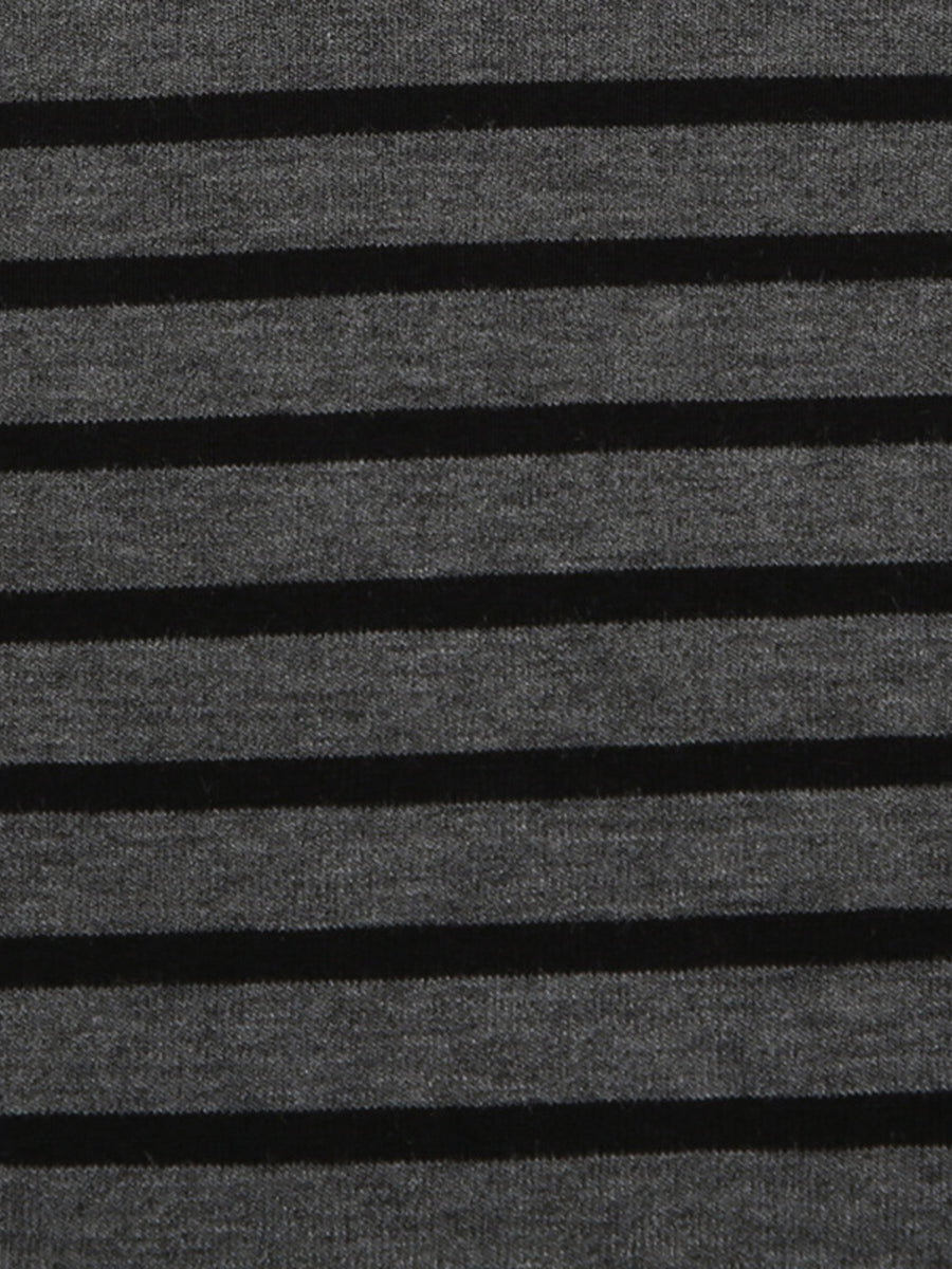 Grey and black striped t-shirt with a boat neck.