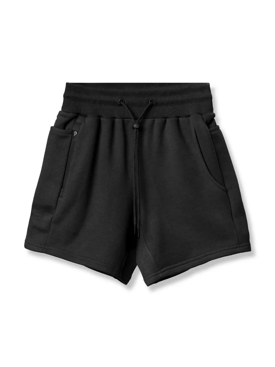 Black fleece jogger shorts with drawstring and pockets