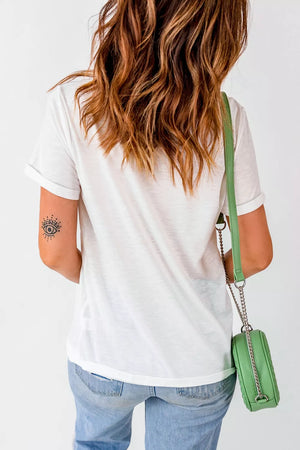 White cotton crew neck t-shirt with cuffed short sleeves and a subtle graphic on the arm.