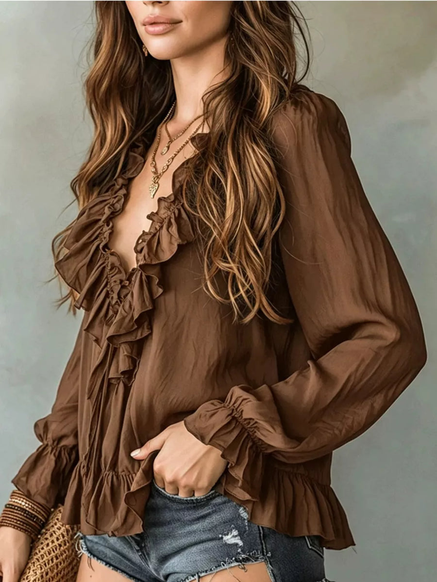 Ruffle V-neck Long Sleeve Blouse in Pink Purple