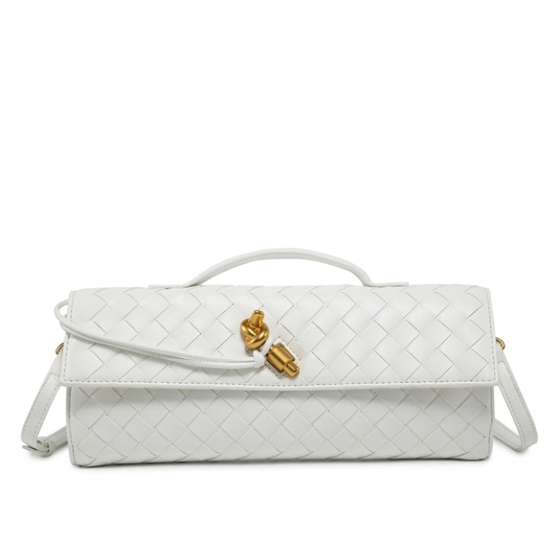 handbag in white featuring woven texture and boxy fit