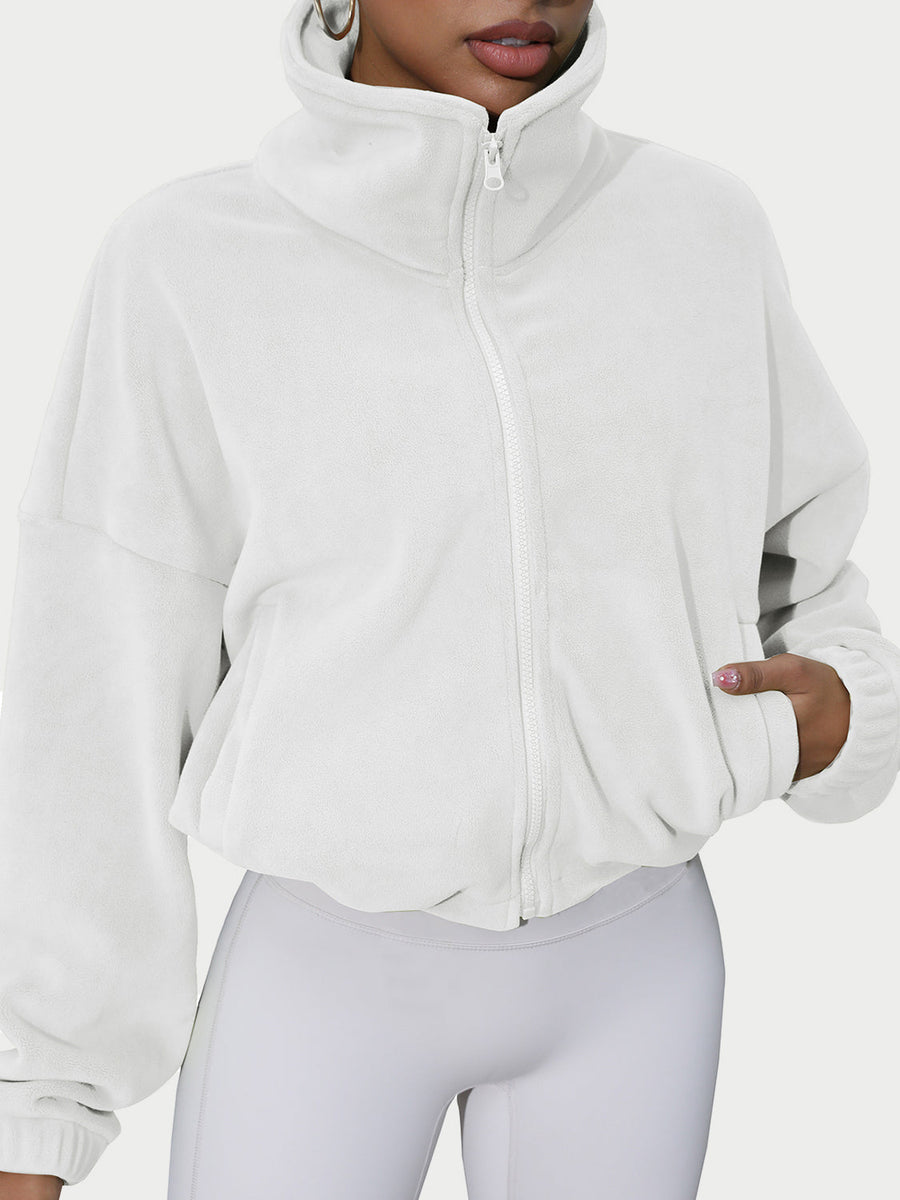 White fleece cropped funnel neck jacket with zipper and pockets