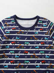 Navy cotton baby set with playful vehicle print and white stripes.