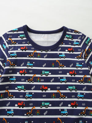 Navy cotton baby set with playful vehicle print and white stripes.