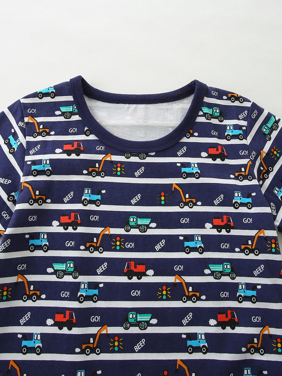 Navy cotton baby set with playful vehicle print and white stripes.