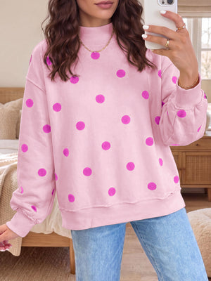 light pink sweatshirt with polka-dot and mock neck